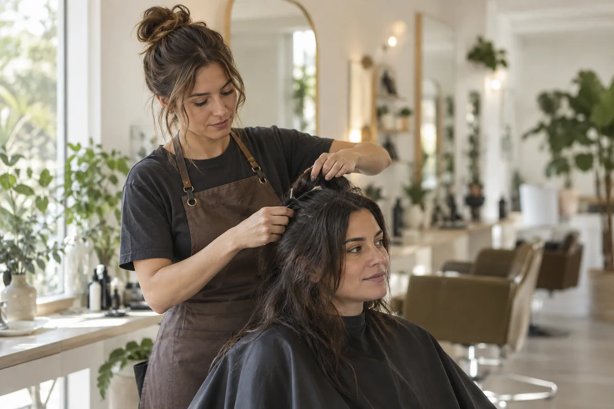 Profesional de peluquería atendiendo a una clienta en su salón.